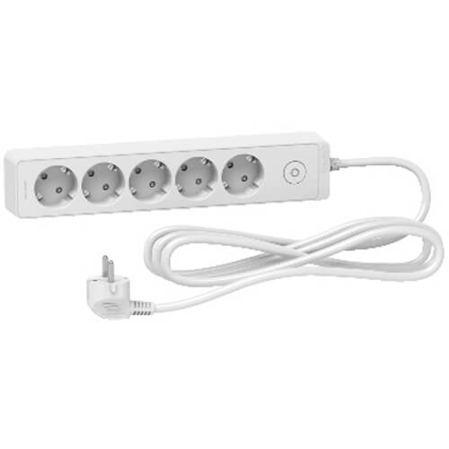 Разклонител шуко 5x 2P+E с ключ и кабел 3m Бял - SCHNEIDER ELECTRIC...