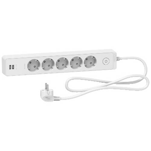 Разклонител шуко 5x 2P+E с 2x USB порт с ключ и кабел 1.5m Бял - SC...