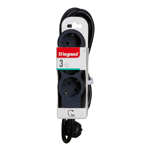 Разклонител 3x 2P+E Шуко, с кабел 3m, цвят Черен - Legrand Standart...