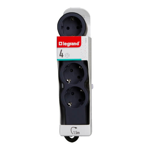 Разклонител 4x 2P+E Шуко, с кабел 1.5m, цвят Черен - Legrand Standart 694553
