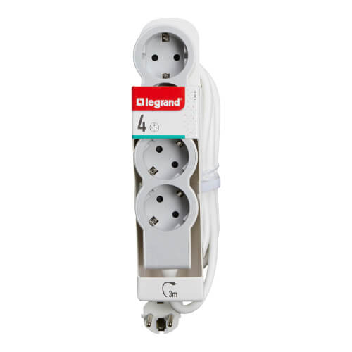 Разклонител 4x 2P+E Шуко, с кабел 3m, цвят Бял - Legrand Standart 6...