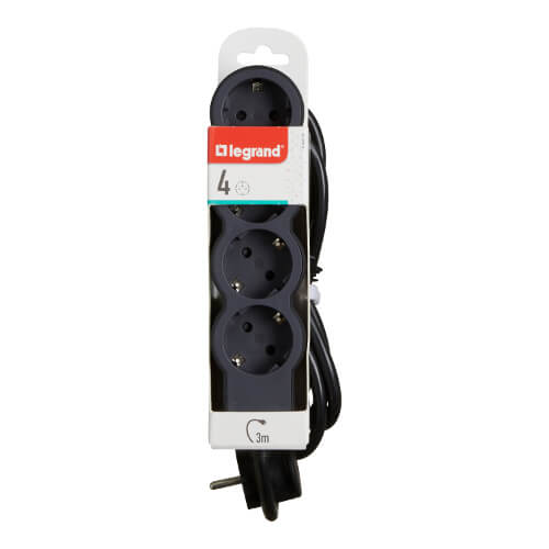 Разклонител 4x 2P+E Шуко, с кабел 3m, цвят Черен - Legrand Standart 694562