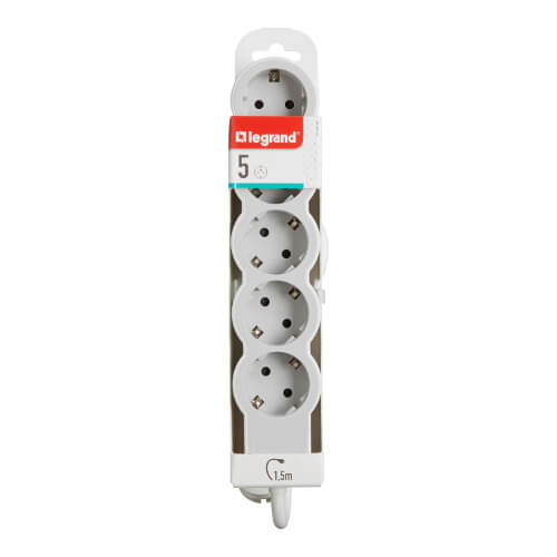 Разклонител 5x 2P+E Шуко, с кабел 1.5m, цвят Бял - Legrand Standart...