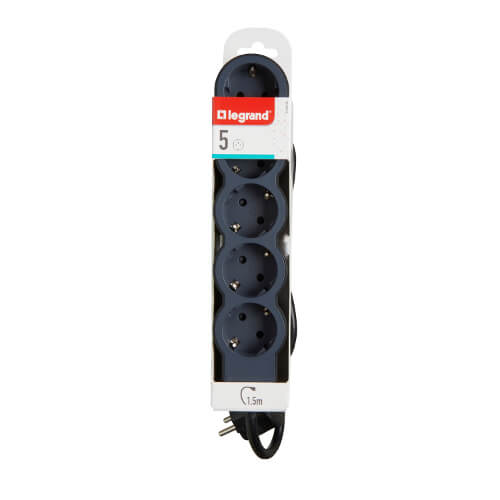 Разклонител 5x 2P+E Шуко, с кабел 1.5m, цвят Черен - Legrand Standart 694556
