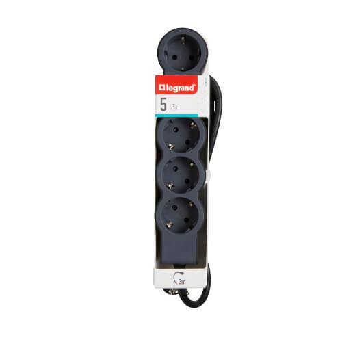 Разклонител 5x 2P+E Шуко, с кабел 3m, цвят Черен - Legrand Standart...