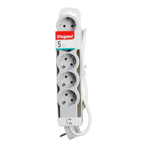Разклонител 5x 2P+E Шуко, с кабел 5m, цвят Бял - Legrand Standart 694571