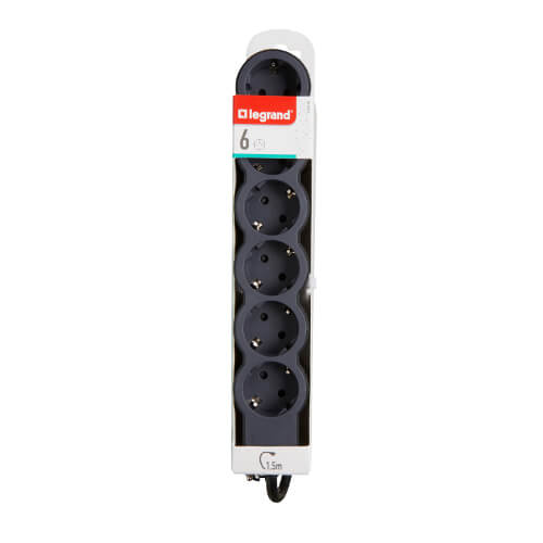 Разклонител 6x 2P+E Шуко, с кабел 1.5m, цвят Черен - Legrand Standa...