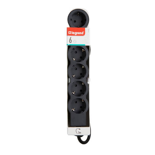 Разклонител 6x 2P+E Шуко, с кабел 3m, цвят Черен - Legrand Standart 694566