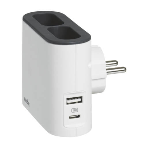 Адаптер за контакт 2x 2P еврощепсел 6A и 2 странични гнезда USB тип A+C 15W 3A, цвят Бял/сив - Legrand Standart 49401