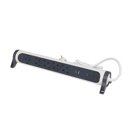Разклонител 5x 2P+E Шуко, защита от пренапрежение, 2x USB тип A+C 3A 15W, с кабел 1.5m, цвят Бял/тъмносив - Legrand Premium 694510