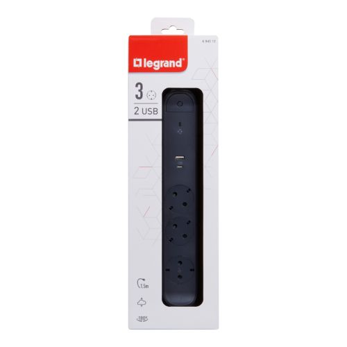 Разклонител 3x 2P+E Шуко, защита от пренапрежение, 2x USB тип A+C 3...