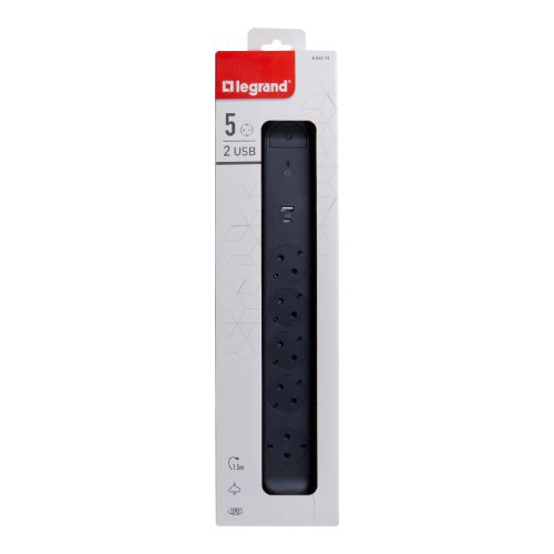Разклонител 5x 2P+E Шуко, защита от пренапрежение, 2x USB тип A+C 3...