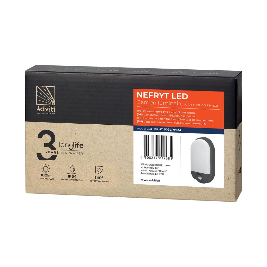 LED аплик-овал, с PIR, 10W 800lm 4000K, Ra>80, IP54, сив - ORNO NEFRYT AD-OP-6110GLPMR4
