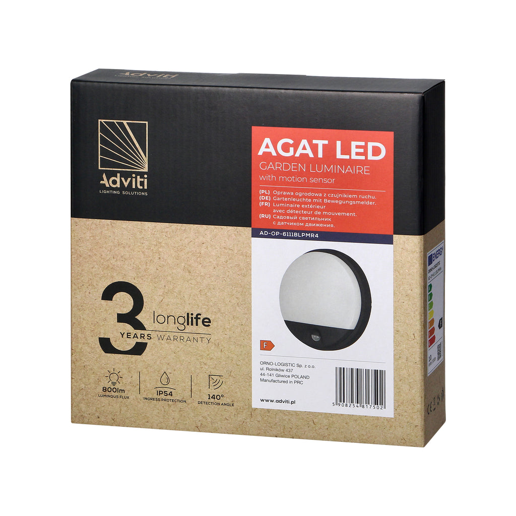 LED декоративен аплик, с PIR, 10W 800lm 4000K, Ra>80, IP54, черен - ORNO AGAT AD-OP-6111BLPMR4
