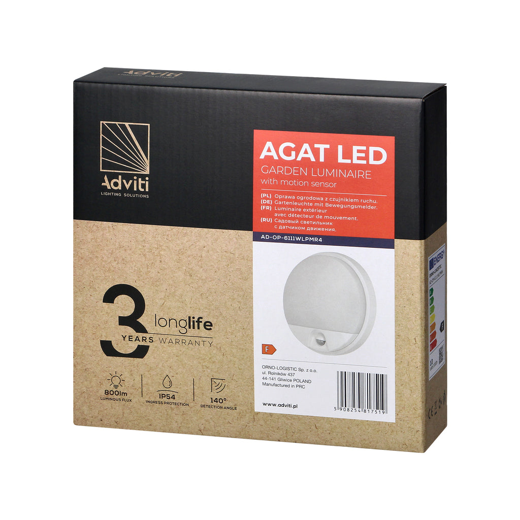 LED декоративен аплик, с PIR, 10W 800lm 4000K, Ra>80, IP54, бял - ORNO AGAT AD-OP-6111WLPMR4