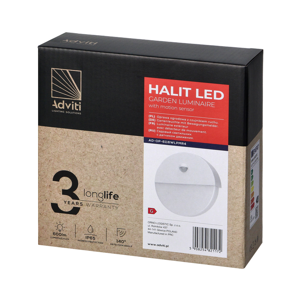 LED декоративен аплик, с PIR 140, 10W 600lm 4000K, Ra>80, IP65, бял - ORNO HALIT AD-OP-6116WLPMR4