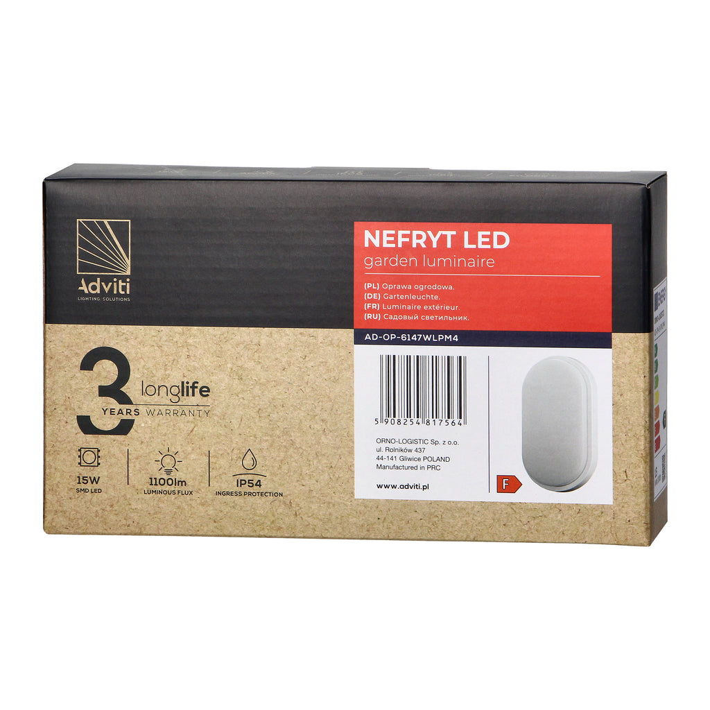 LED аплик-овал/плафон 15W 1100lm 4000K, Ra>80, IP54, бял - ORNO NEFRYT AD-OP-6147WLPM4