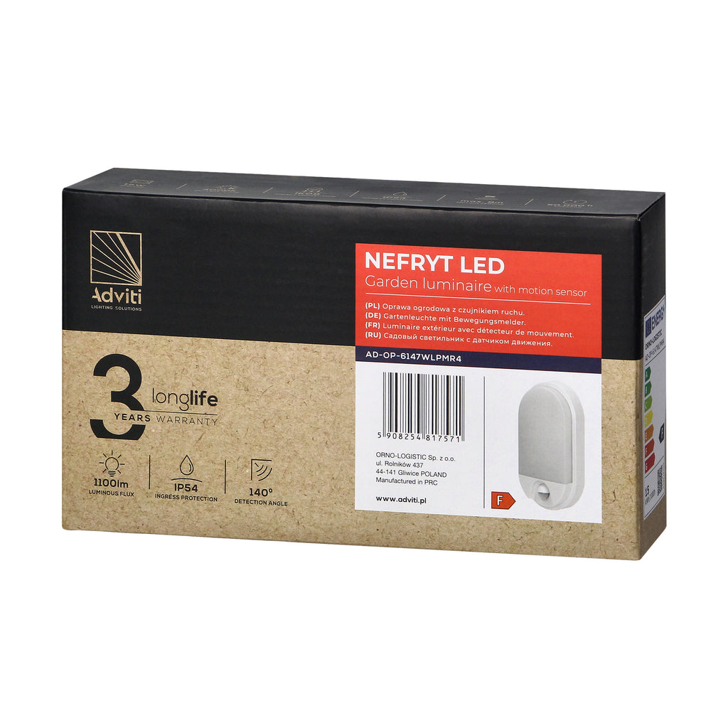 LED аплик-овал, с PIR, 15W 1100lm 4000K, Ra>80, IP54, бял - ORNO NEFRYT AD-OP-6147WLPMR4