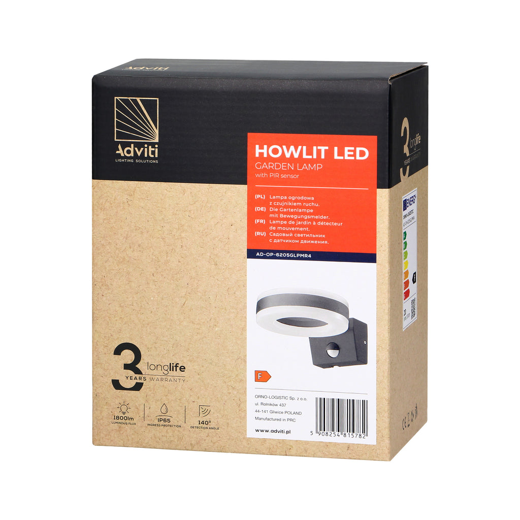 LED декоративен аплик 20W 1800lm 4000K, Ra>80, IP65, с PIR 140° , сив - ORNO HOWLIT AD-OP-6205GLPMR4