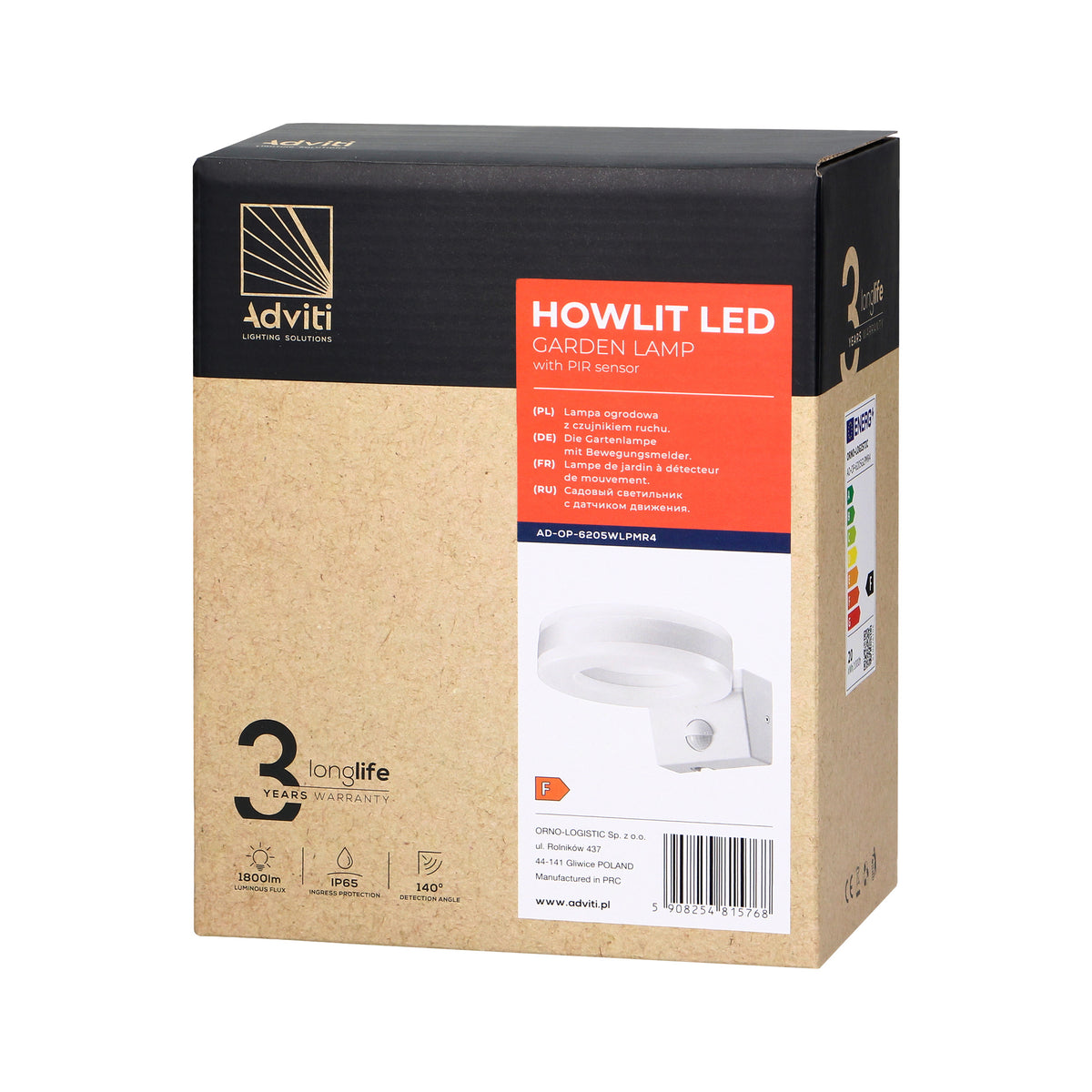 LED декоративен аплик 20W 1800lm 4000K, Ra>80, IP65, с PIR 140° , бял - ORNO HOWLIT AD-OP-6205WLPMR4