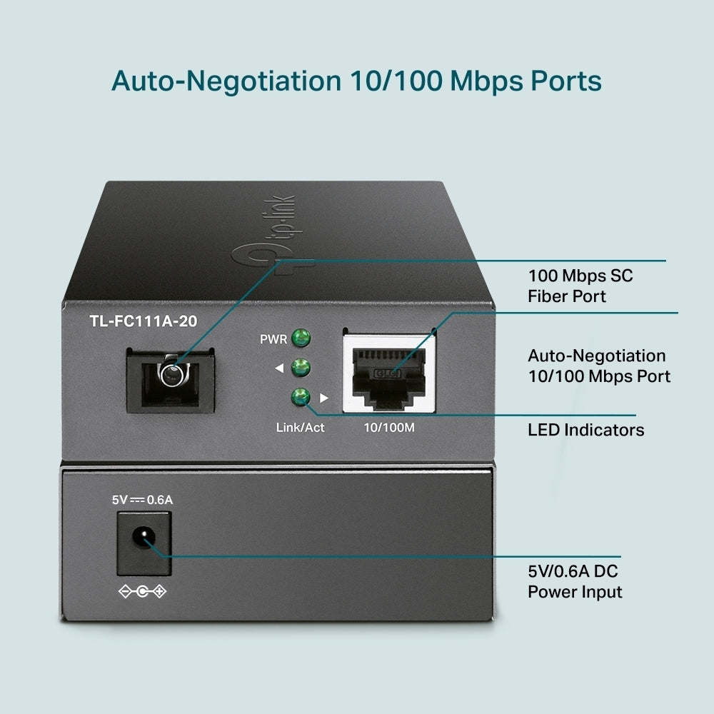 Медиен конвертор, 10/100 Mbps WDM 20км, SC конектор, Сингъл мод - O...
