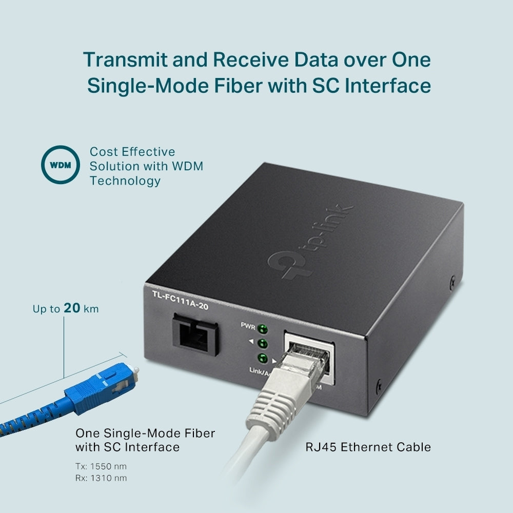 Медиен конвертор, 10/100 Mbps WDM 20км, SC конектор, Сингъл мод - O...