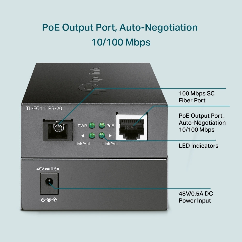 Медиен конвертор, 10/100 Mbps WDM 20км, 1 Poe порт, SC конектор, Си...