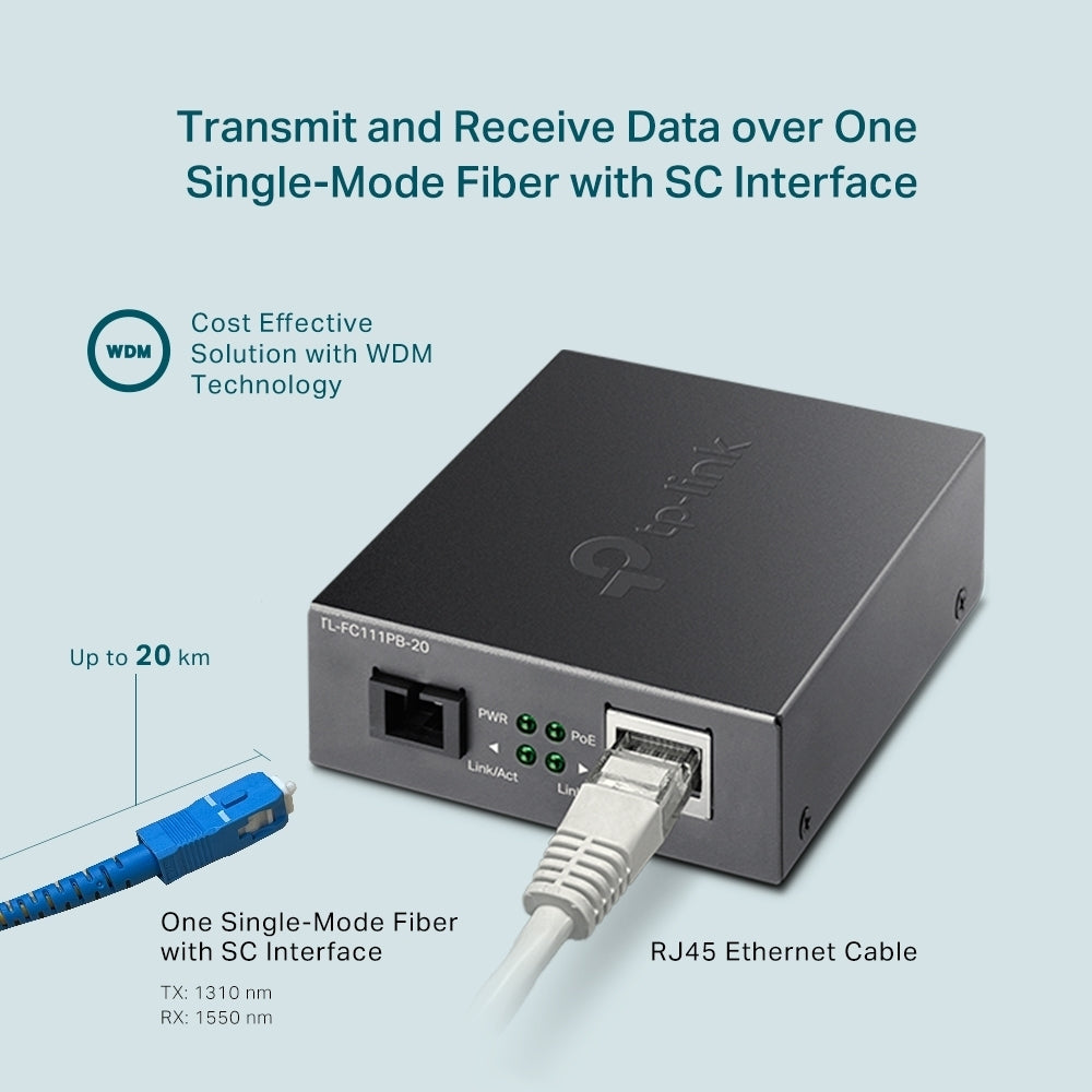 Медиен конвертор, 10/100 Mbps WDM 20км, 1 Poe порт, SC конектор, Си...