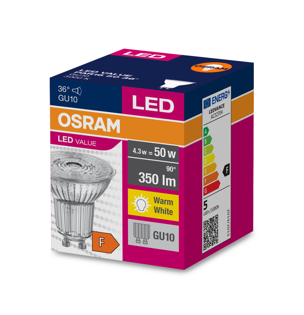 LED лампа, рефлекторна Тип PAR16 4,3W 350lm 3000K 220V GU10 Ra≥80 36°  недимируема - OSRAM LED VALUE PAR16 LED096622
