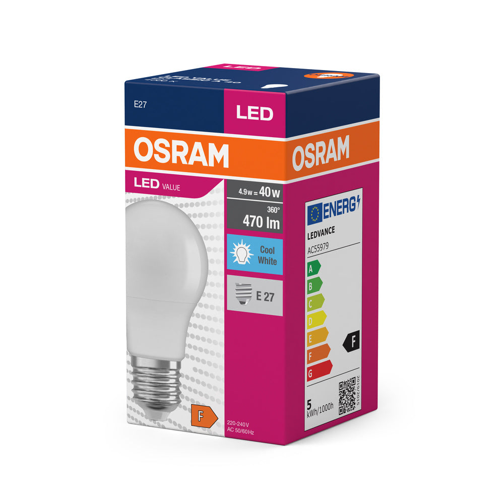LED лампа Тип A 4.9W 470lm 4000K 220V E27 Ra≥80 мат недимируема - OSRAM LED VALUE CLASSIC A LED127081