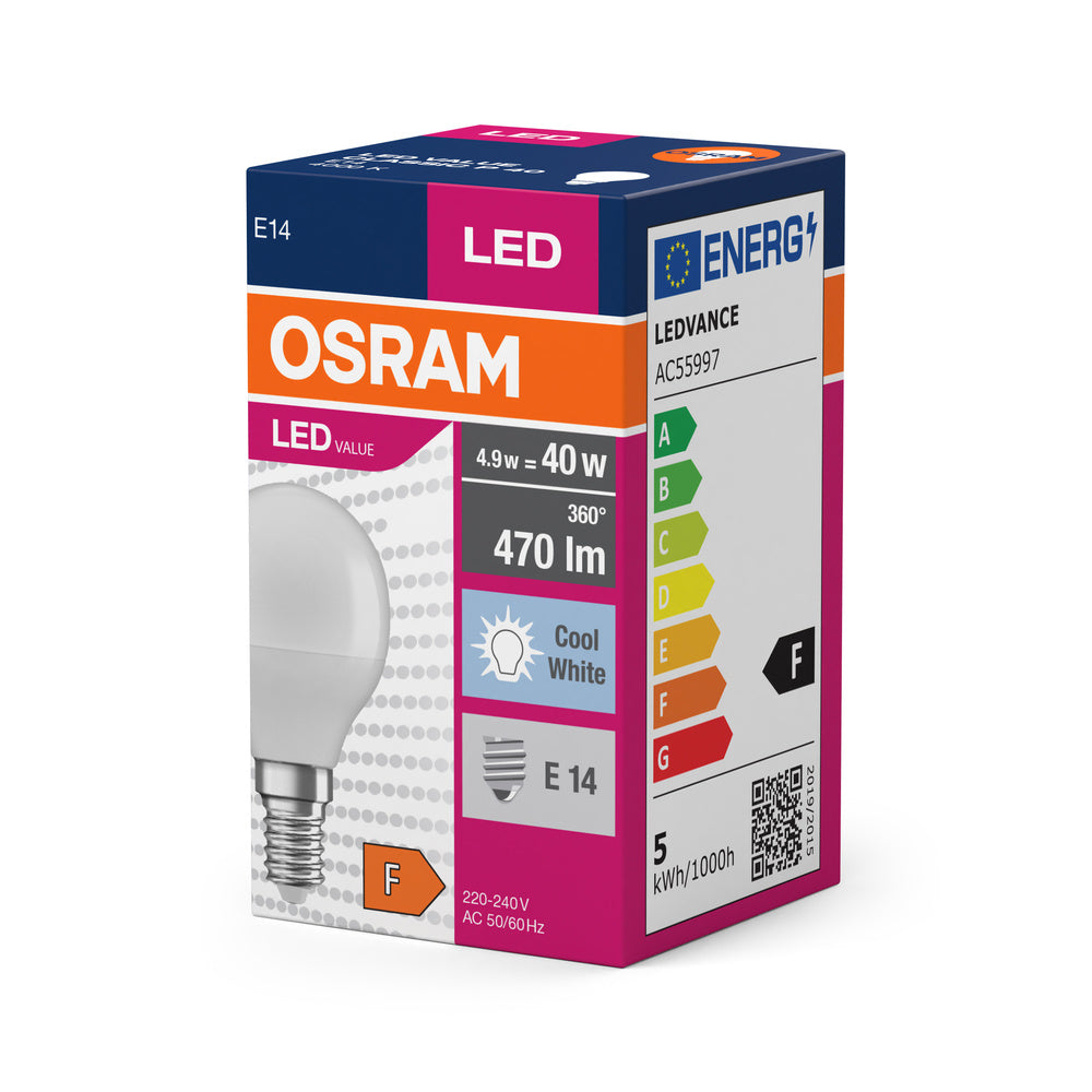 LED лампа Тип P 4,9W 470lm 4000K 220V E14 Ra≥80, сфера мат недимируема - OSRAM LED VALUE CLASSIC P LED147911