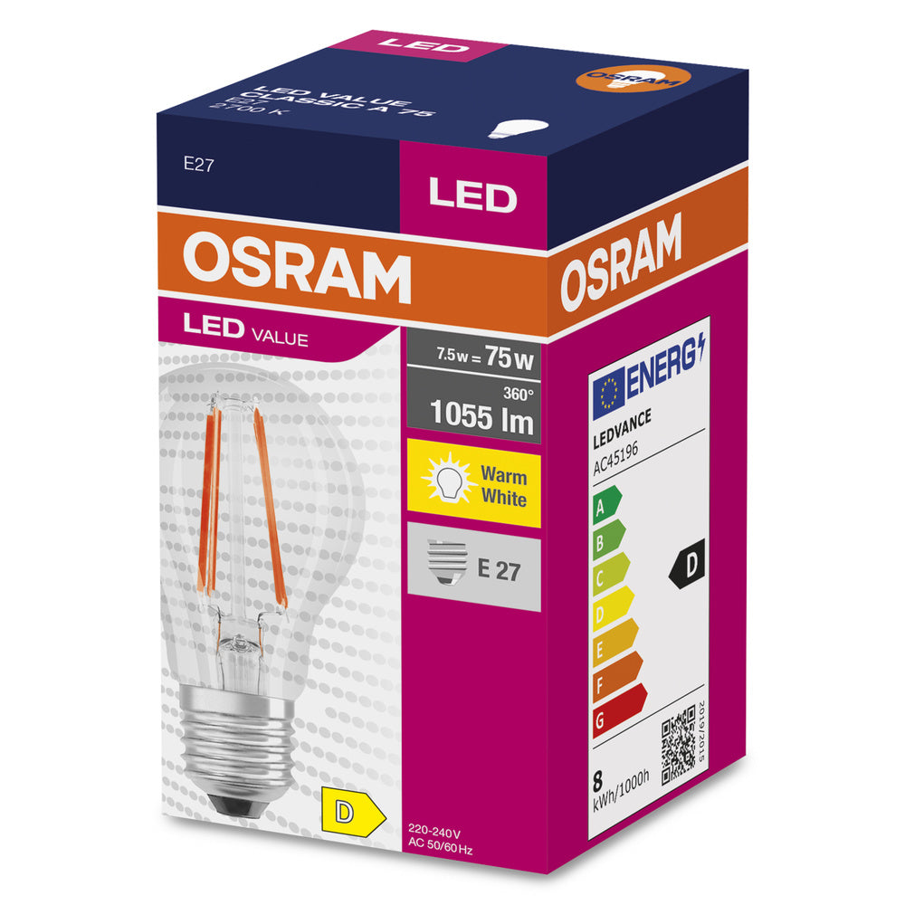 LED лампа Тип A 7.5W 1055lm 2700K 220V  Ra≥80 прозрачна, недимируема - OSRAM LED VALUE CLASSIC A LED288669