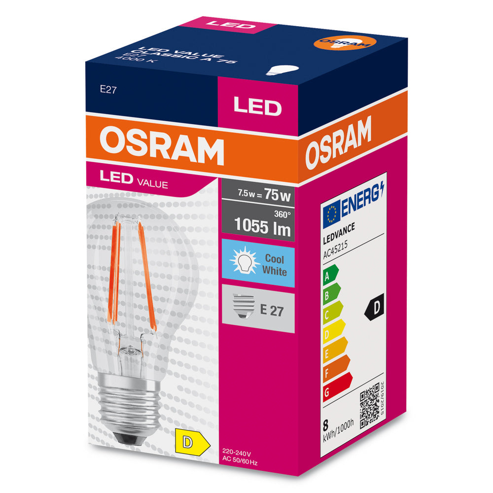 LED лампа Тип A 7.5W 1055lm 4000K 220V  Ra≥80 прозрачна, недимируема - OSRAM LED VALUE CLASSIC A LED288683