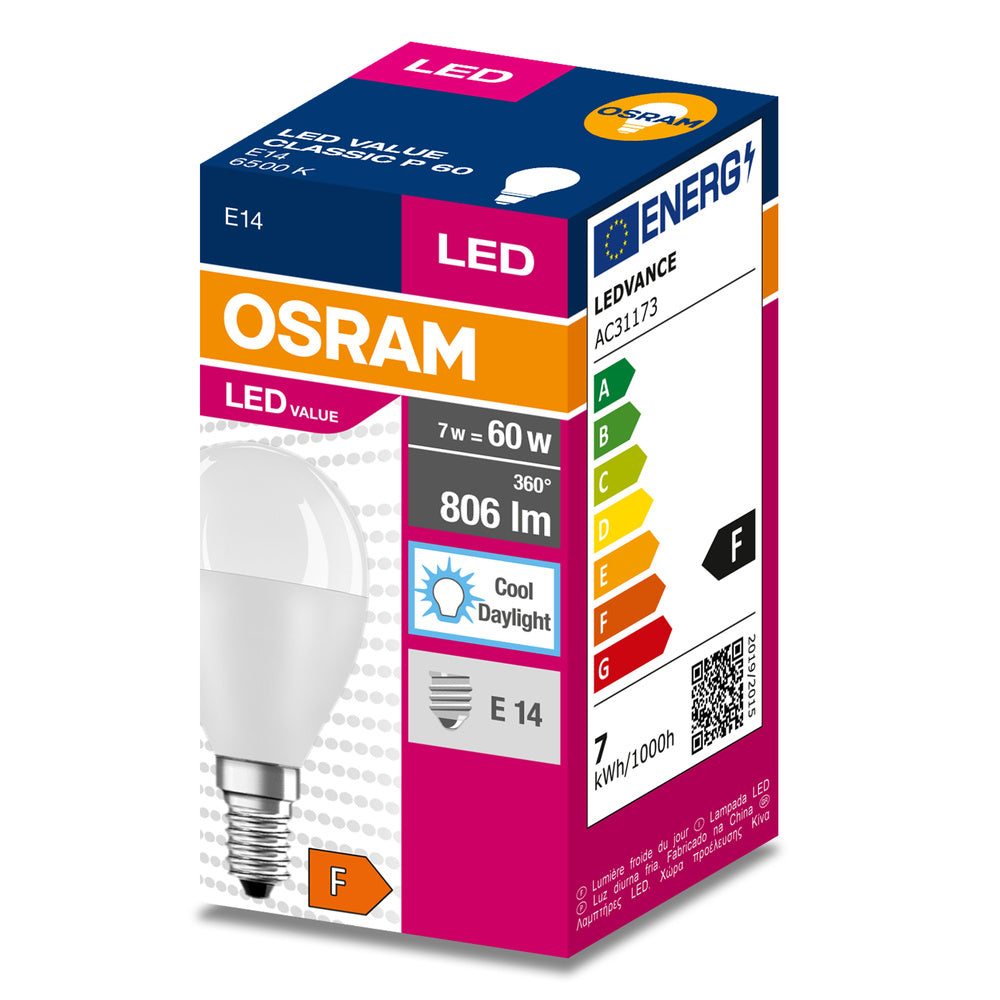 LED лампа Тип P 7W 806lm 6500K 220V E14 Ra≥80, сфера мат недимируема - OSRAM LED VALUE CLASSIC P LED311947