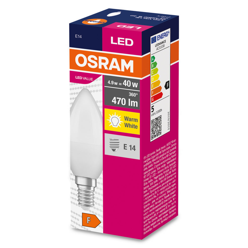 LED лампа Тип B 5,7W 470lm 2700K 220V E14 Ra≥80, овал, мат недимируема - OSRAM LED VALUE CLASSIC B LED326453