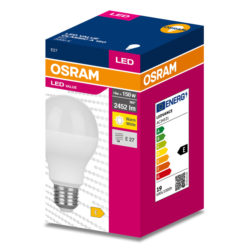 LED лампа Тип A 19W 2451lm 3000K 220V E27 Ra≥80 мат. недимируема - OSRAM LED VALUE CLASSIC A LED634237