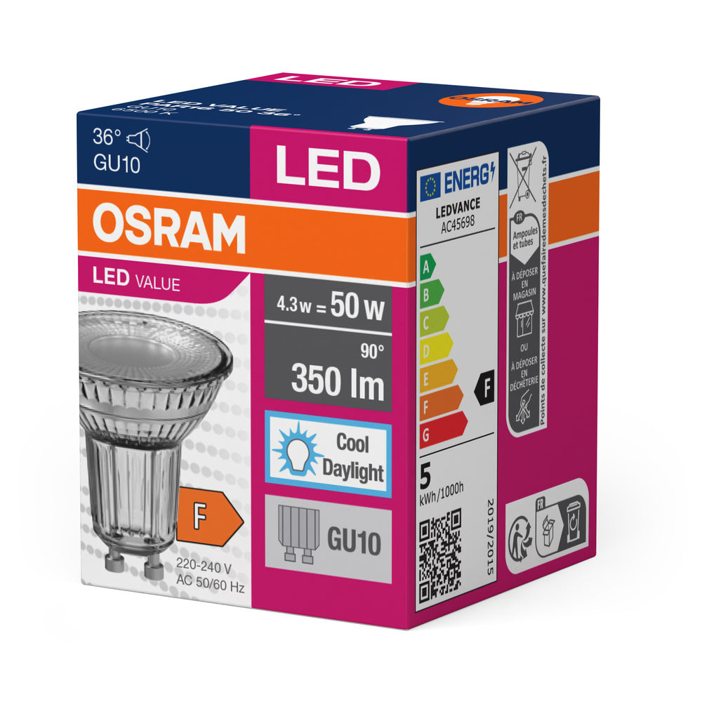 LED лампа, рефлекторна Тип PAR16 4,3W 350lm 6500K 220V GU10 Ra≥80 36°  недимируема - OSRAM LED VALUE PAR16 LED817715