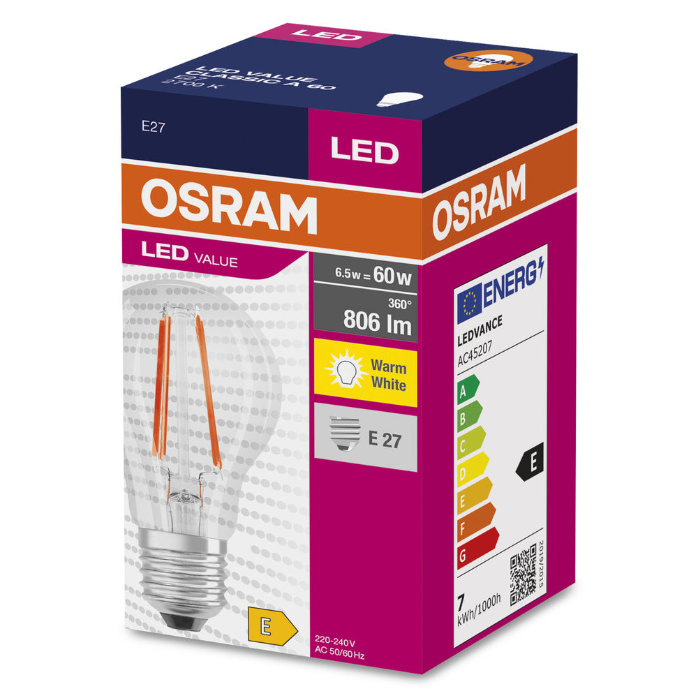 LED лампа Тип A 6.5W 806lm 2700K 220V E27  Ra≥80 прозрачна, недимируема - OSRAM LED VALUE CLASSIC A LED819658