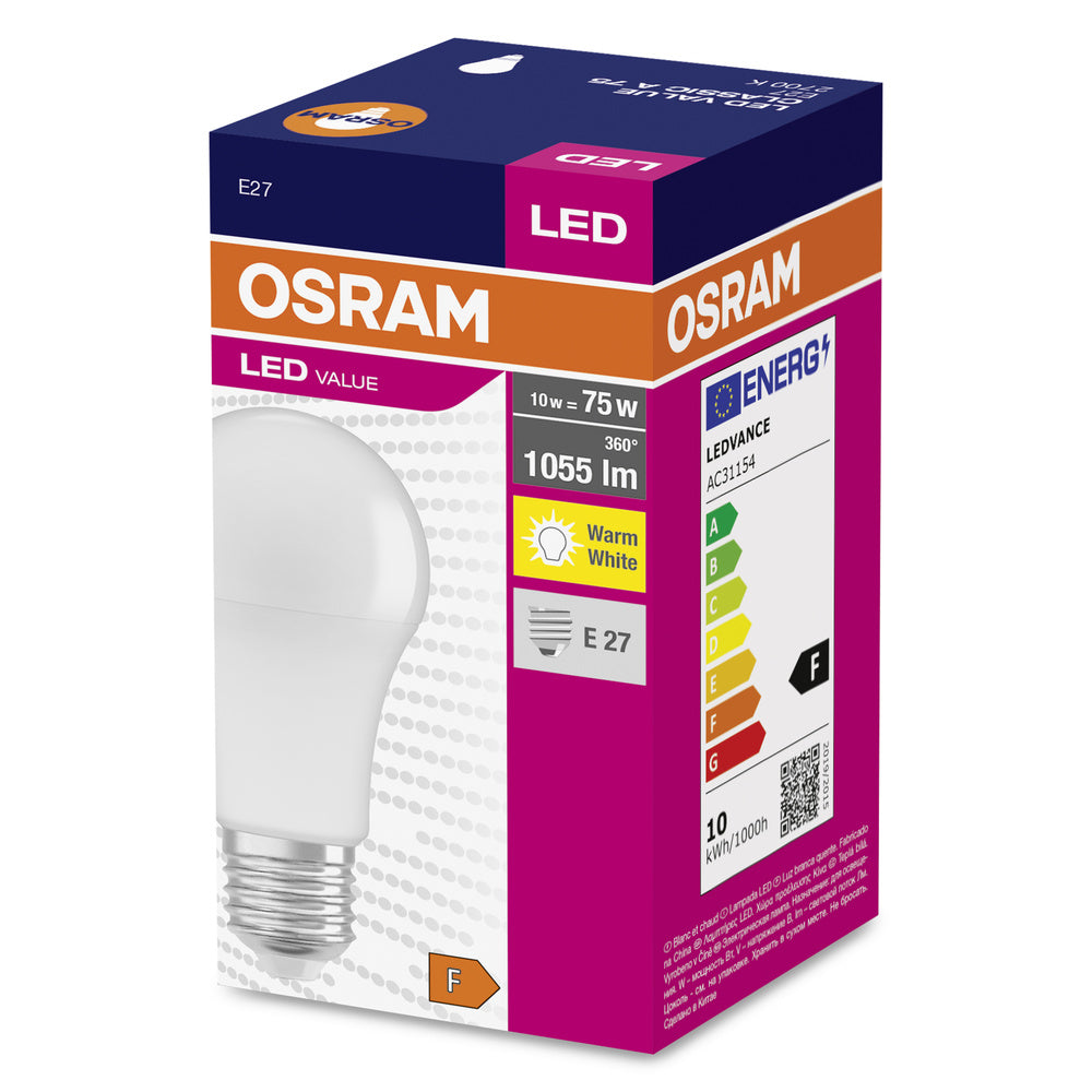 LED лампа Тип A 10W 1055lm 2700K 220V E27 Ra≥80 мат недимируема - OSRAM LED VALUE CLASSIC A LED971028