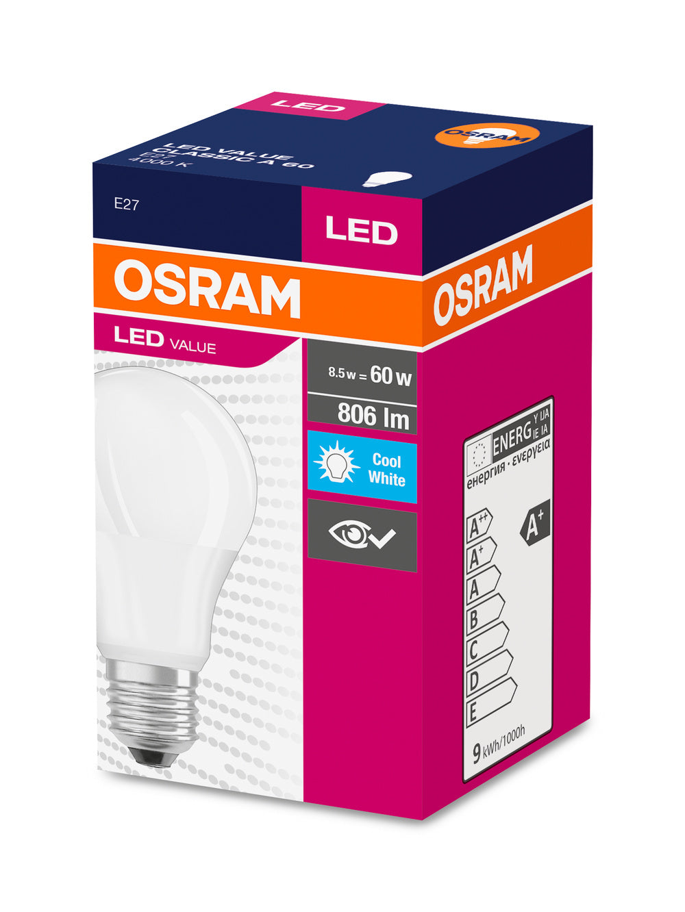 LED лампа Тип A 8.5W 806lm 4000K 220V E27 Ra≥80 мат недимируема - OSRAM LED VALUE CLASSIC A LED973381
