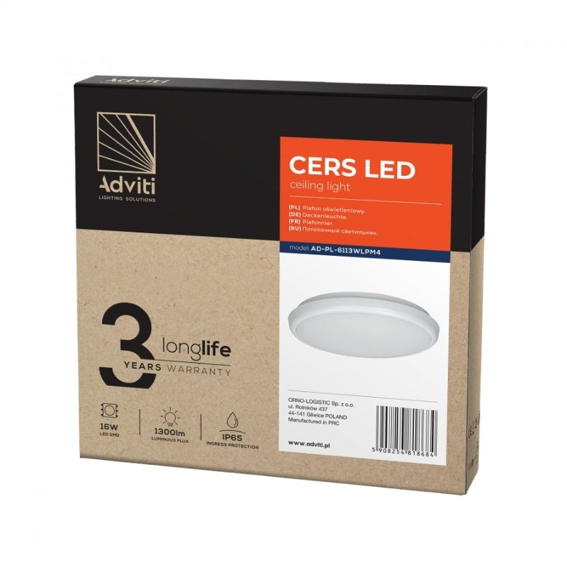 LED плафон CERS 16W, 1300lm, 4000K, IP65, Ф265x40mm, бял - ORNO CERS AD-PL-6113WLPM4