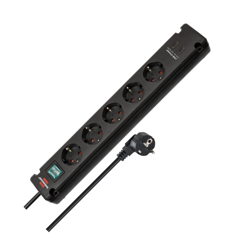 Разклонител 5x 2P+E и 2x USB C 3100mA 15.5W стенен монтаж с ключ и...