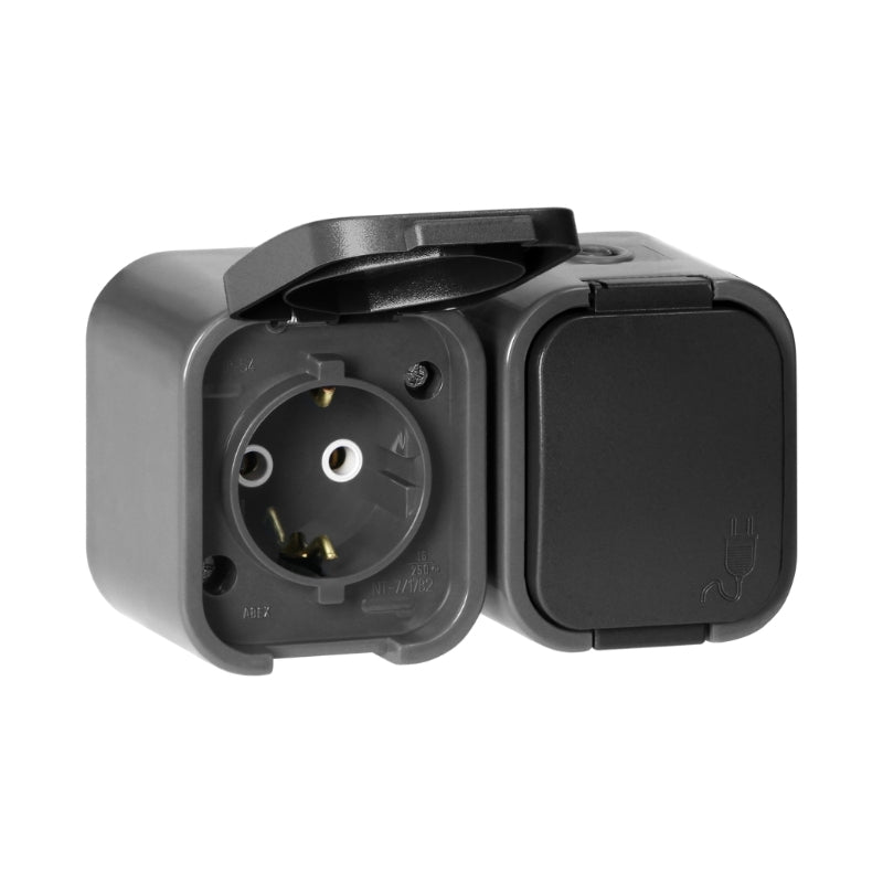 Контакт Шуко двоен ОМ 2x 2P+E 16A IP54 Сив/черен - Orno Series B2 O...