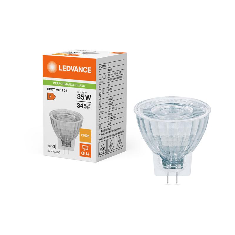 LED лампа Spot MR11 GL35 4,2W 345lm 2700K Ra>80 12V, 36°, GU4, недимуруема, стъкло - LEDVANCE LED MR11 P LED050329