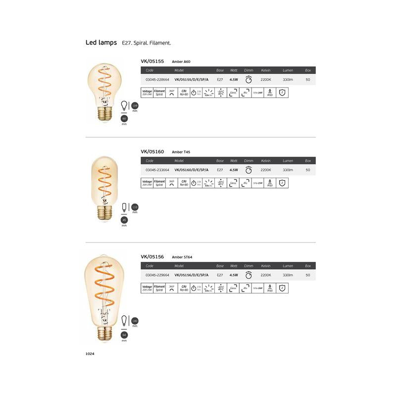  LED лампа 4,5W 330lm 2200Κ 220V E27 Ra>80 360° 360°, спирала Филамент-classic, amber ,димируема - VL LED VK/05156/D/E/SP/A 
