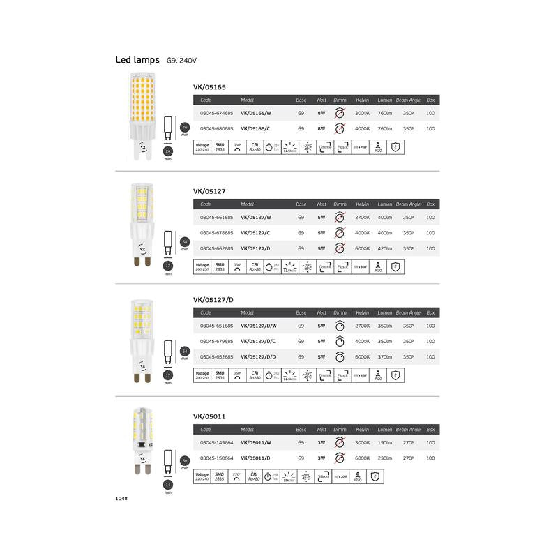 LED лампа 5W 400lm 4000K G9 220V Ra>80, 350° - VL LED VK/05127/C
