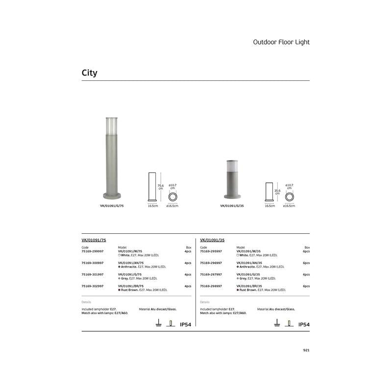 Градински осв., max 20W, Al+glass, стълбче  ø16.5 x h=75.6cm,IP54,антрацит - VL LED VK/01091/AN/75