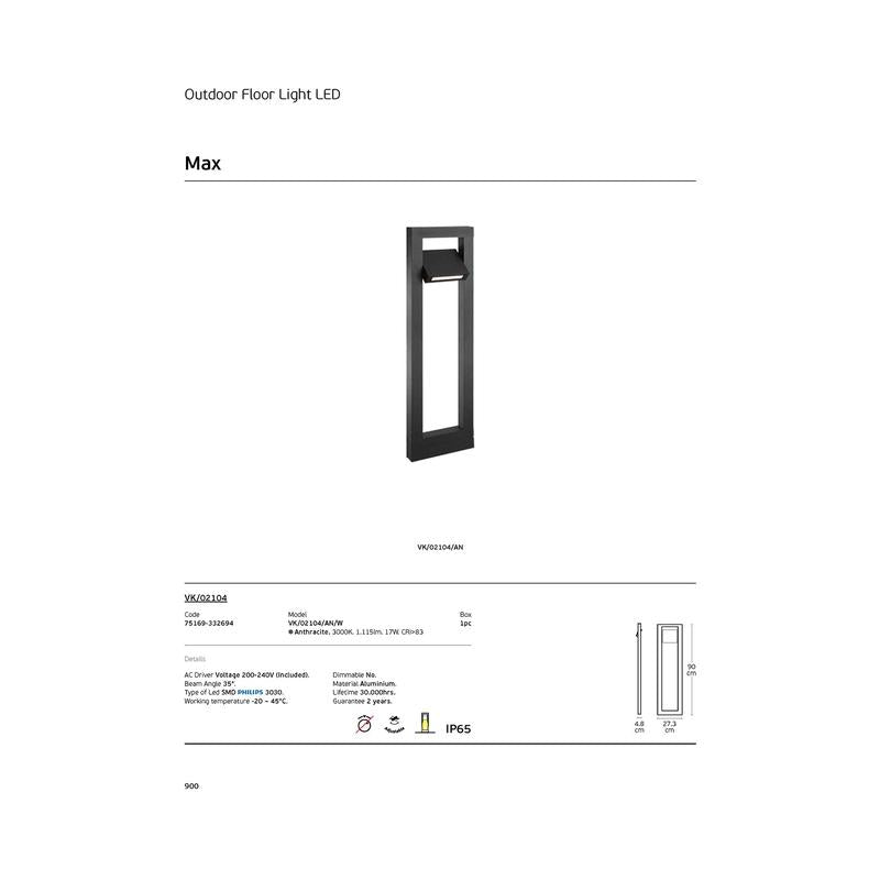 Градинско осв. тяло, насочваемо 17W, 3000K, 1115lm, Anthracite, 35?, 200-240V, 1115mm IP54 - VL LED VK/02104/AN/W