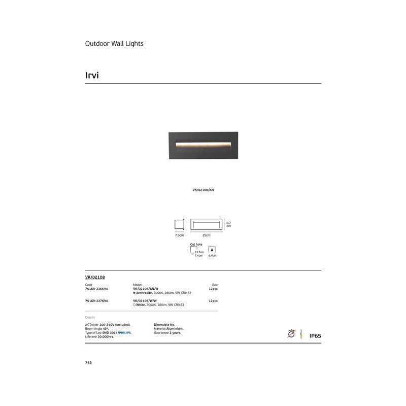 Стенен дек. осв., 100-240V, 9W, 3000K, 280lm, CRI>84, IP65, 25x8.7cm, антрацит - VL LED VK/02108/AN/W