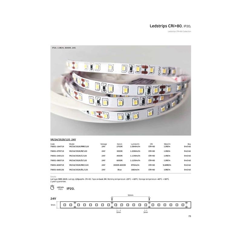 LED лента SMD 9,68W/m 970lm/m 3000K 24V, CRI>80 , IP20 (ролка 5м) - VL LED VK/24/3528/W/120